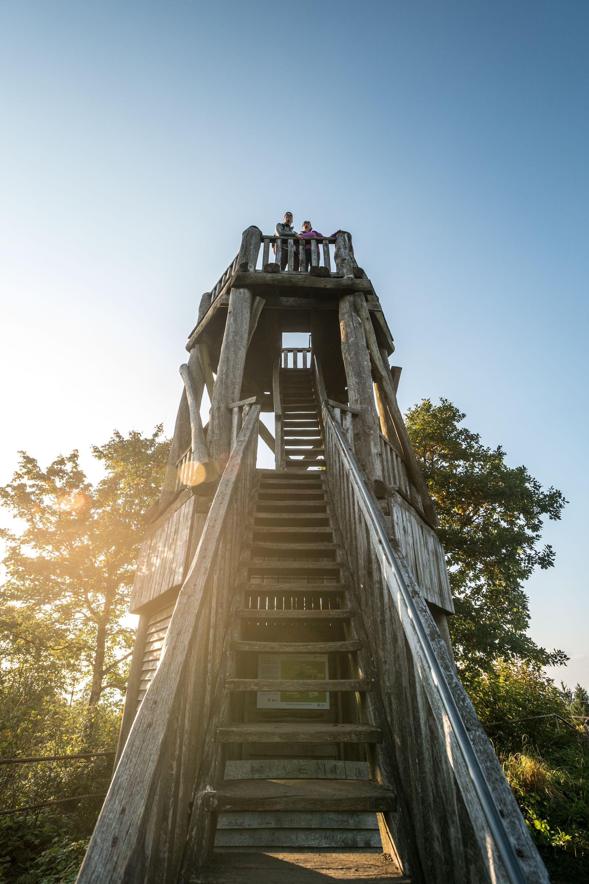 Der hölzerne Aussichtsturm auf dem Vukan Dietzenley von unten fotografiert.