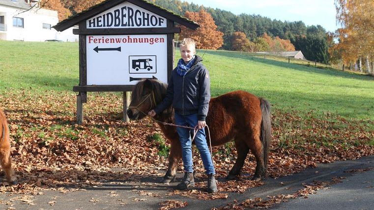 Ein Junge steht mit einem kleinen Pferd vor einem Schild mit der Aufschrift "Heidberghof". Im Hintergrund sind herbstliche Bäume und eine grüne Wiese zu sehen.