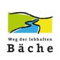 Logo des Wegs der lebhaften Bäche mit stilisiertem Fluss und bunten Farben.