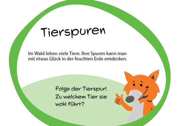 Informationsschild "Tierspuren" mit Fuchs-Maskottchen.
