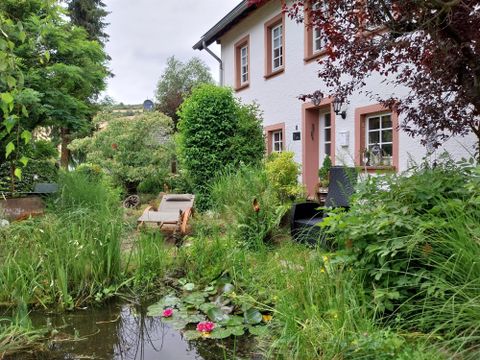 Een rustige tuin met een vijver, omgeven door weelderig groen. Op de achtergrond staat een charmant huis met ramen en een uitnodigende sfeer.