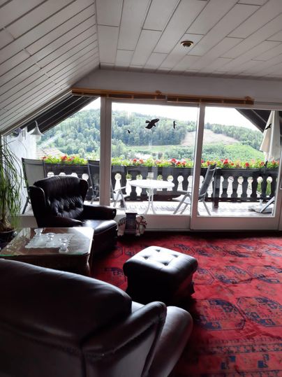 Ein gemütliches Wohnzimmer mit einem Blick auf die Natur. Große Fenster lassen viel Licht herein und bieten Zugang zu einem Balkon.