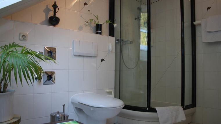 Ein modernes Badezimmer mit einer Dusche und einem WC. Die Wände sind gefliest und es gibt eine kleine Pflanze für eine angenehme Atmosphäre.