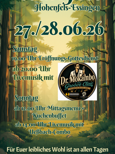 Uitnodigingsposter voor het Waldfest Hohenfels-Essingen op 27 en 28 juni met kerkdienst, livemuziek en lunch/taartbuffet.