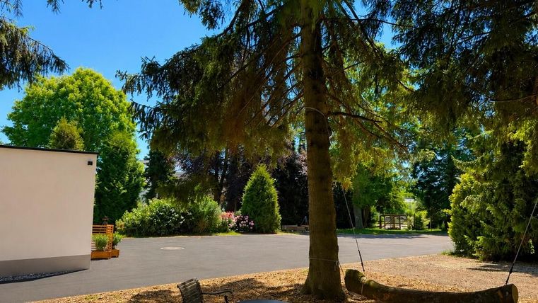 Un jardin paisible avec de grands arbres et un feuillage vert. À l'arrière-plan, on peut voir un chemin pavé.