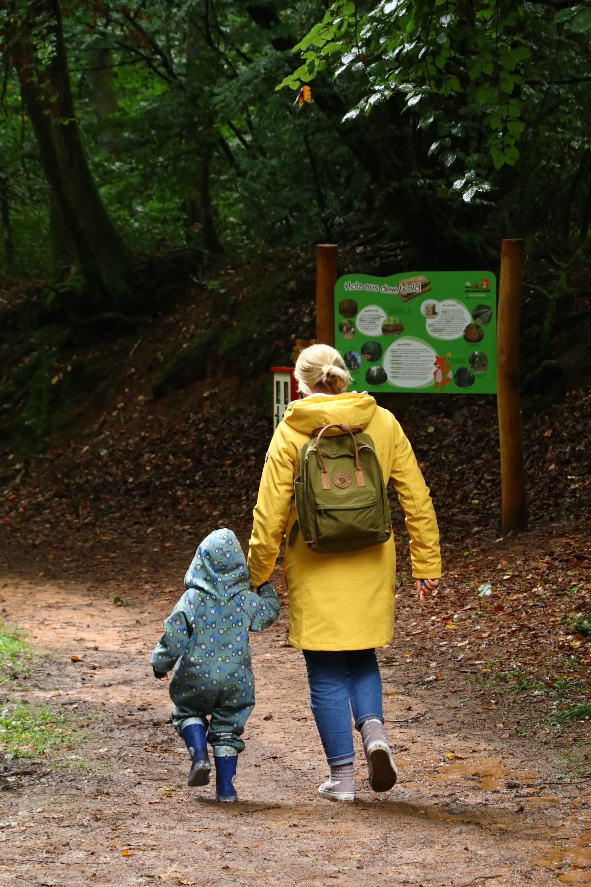 Eine Mutter spaziert mit ihrem Kind an der Hand auf einem Waldweg neben einer Informationstafel des Naturerlebnispfades Gerolstein.