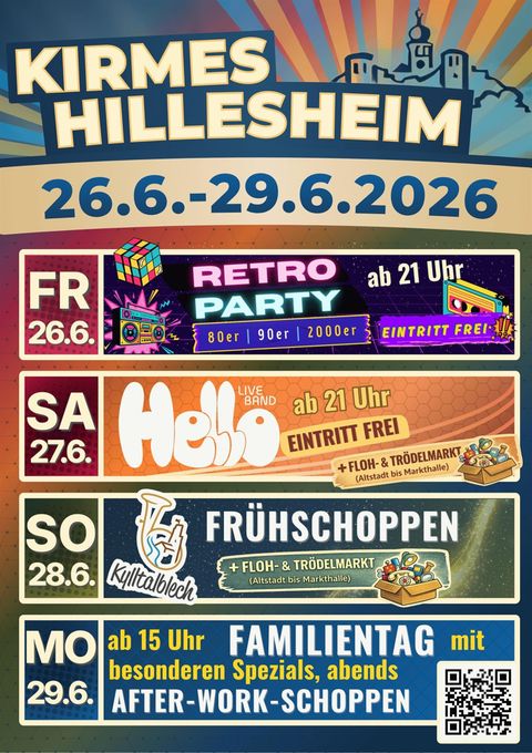 Ein Plakat für die Kirmes in Hillesheim vom 26. bis 29. Juni 2026. Es zeigt verschiedene Veranstaltungen wie eine Retro-Party, Flohmarkt und Familientag.