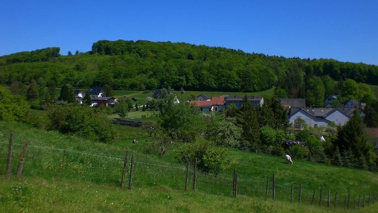 Eine ruhige ländliche Landschaft mit grünen Wiesen und einem kleinen Dorf. Im Hintergrund erheben sich sanfte Hügel und Bäume.