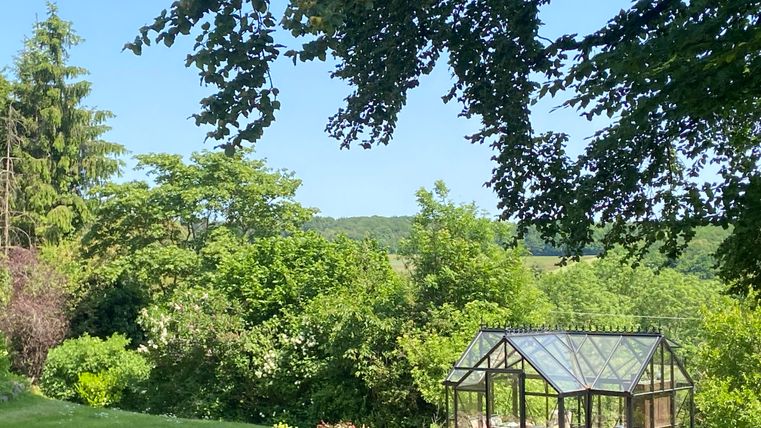 Ein schöner Garten mit üppigem Grün und einem Gewächshaus. Im Hintergrund sind sanfte Hügel und ein blauer Himmel zu sehen.