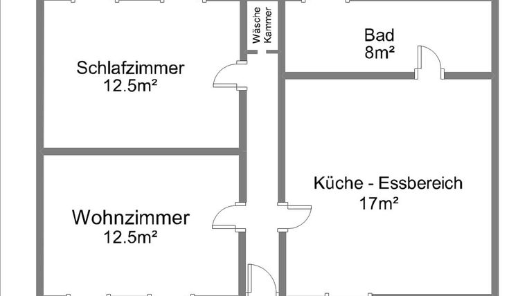 Een plattegrond van een appartement met een slaapkamer, een woonkamer, een badkamer en een keuken met eetgedeelte. De ruimtes zijn duidelijk aangegeven en de afmetingen zijn opgegeven.