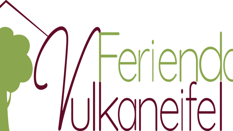 Ein stilisiertes Logo für das Ferienhaus "Vulkan Eifel". Es zeigt einen Baum und das Wort "Feriendomizil" in ansprechenden Farben.