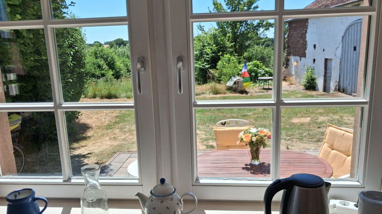 Ein Blick aus einem Fenster auf einen Garten mit sonnigem Wetter. Im Vordergrund sind einige Kaffeetassen und eine Kanne zu sehen.