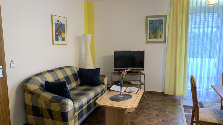 Ein gemütliches Wohnzimmer mit einem karierten Sofa, einem Fernseher und einem Tisch. Große Fenster mit Vorhängen lassen viel Licht herein.