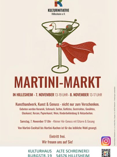 Ein bunter Flyer für den Martini-Markt in Hillesheim, der am 7. und 8. November stattfindet. Der Text hebt Kunsthandwerk, Essen und Trinken hervor und lädt zur Teilnahme ein.