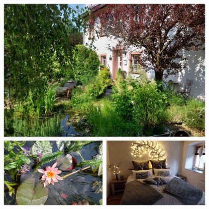 Een mooie tuin met weelderig groen en een vijver. In het onderste deel is er een gezellige slaapkamer met een uitnodigende dekbed en decoratieve verlichting.