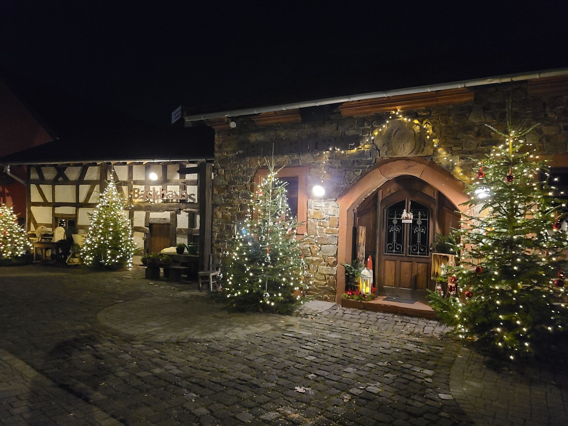 Ein festlich beleuchteter Eingang zu einem Gebäude mit traditionellen Steinen. Umgeben von geschmückten Tannenbäumen strahlt die Szene eine gemütliche Weihnachtsatmosphäre aus.