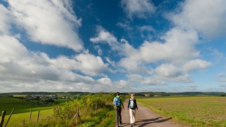 Twee wandelaars op een landelijk pad onder een blauwe lucht met wolken.