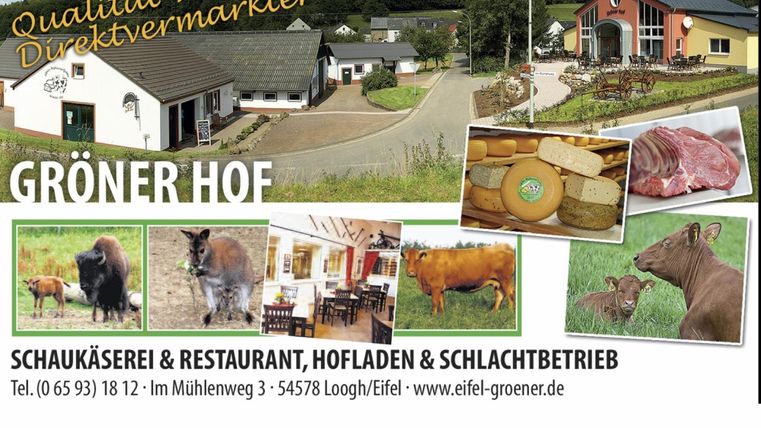Bildkollage des Gröner Hofs mit Bildern der Gebäuden, von Käse und Fleischwaren, von Kühen und anderen Tieren, die auf dem Hof leben. Darunter der Schriftzug "Schaukäserei & Restaurant, Hofladen & Schlachtbetrieb. Dazu die Adresse.