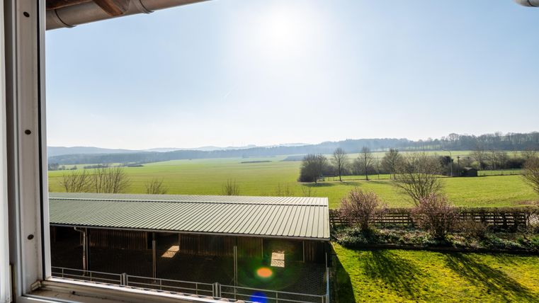 Aus dem Fenster sieht man eine weitläufige grüne Landschaft unter einem klaren blauen Himmel. Im Vordergrund ist ein Gebäude mit einem grünem Dach und einige Bäume sichtbar.