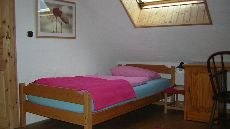 Een gezellig slaapkamer met een eenpersoonsbed en kleurrijke beddengoed. De kamer heeft een raam met een schuine daken en een houten bureau.