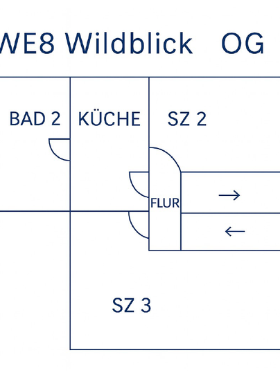 Un plan d'appartement au premier étage. Les pièces sont annotées avec des étiquettes pour la cuisine, la chambre et la salle de bain.