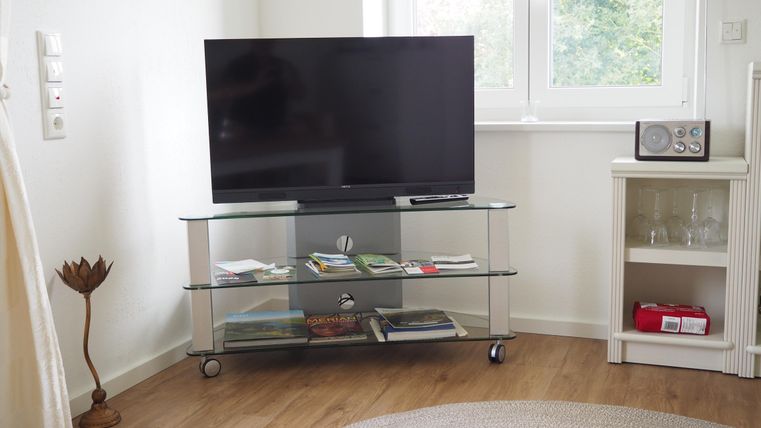 Ein modernes Wohnzimmer mit einem Fernseher auf einem Glastisch. Neben dem Fernseher steht ein kleiner Schrank und ein dekoratives Element.