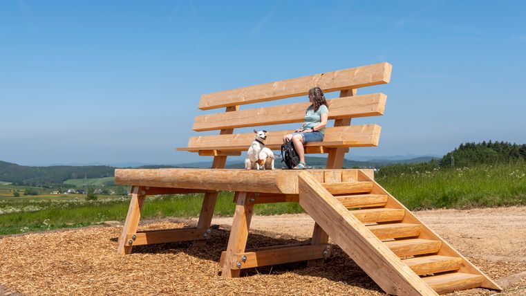 Eine Person sitzt auf einer riesigen Holzbank mit Treppe in einer grünen Landschaft.