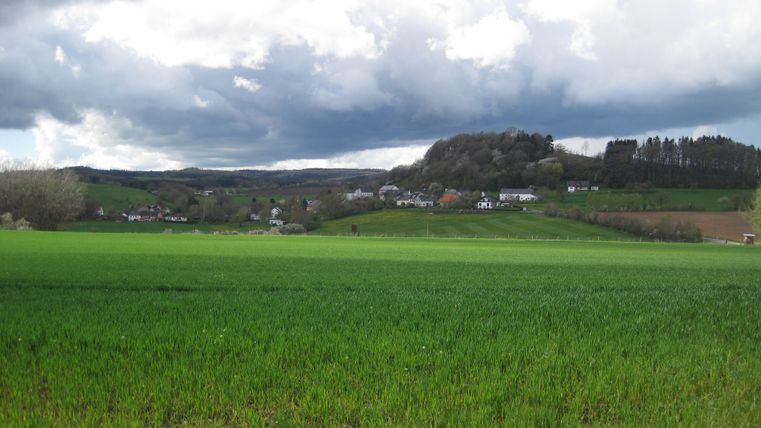 Grüne Wiesen und Hügel unter bewölktem Himmel, Blick auf Basberg.