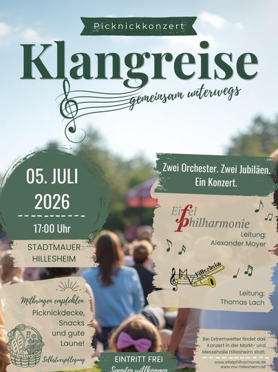 Ein Plakat für das Picknickkonzert "Klangreisen" in Hildesheim. Das Event findet am 5. Juli 2026 statt und bietet zwei Orchester und ein gemeinsames Konzert.