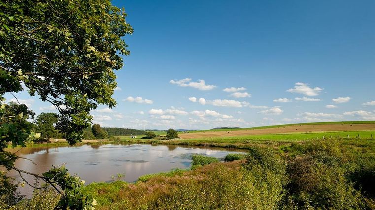 Blick auf das Eichholzmaar, umgeben von grünen Feldern und Bäumen, unter einem klaren blauen Himmel mit wenigen Wolken.