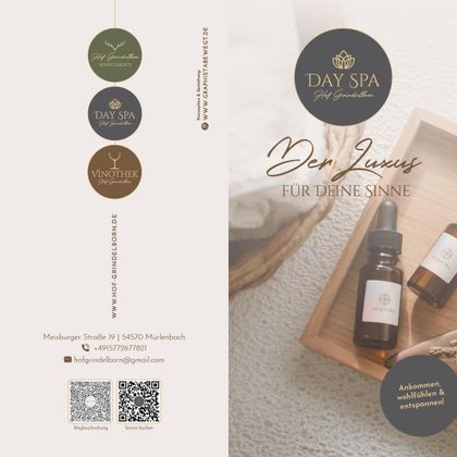 Un design de spa élégant avec des huiles luxueuses et une ambiance accueillante. Le texte met en avant la détente et le bien-être des clients.