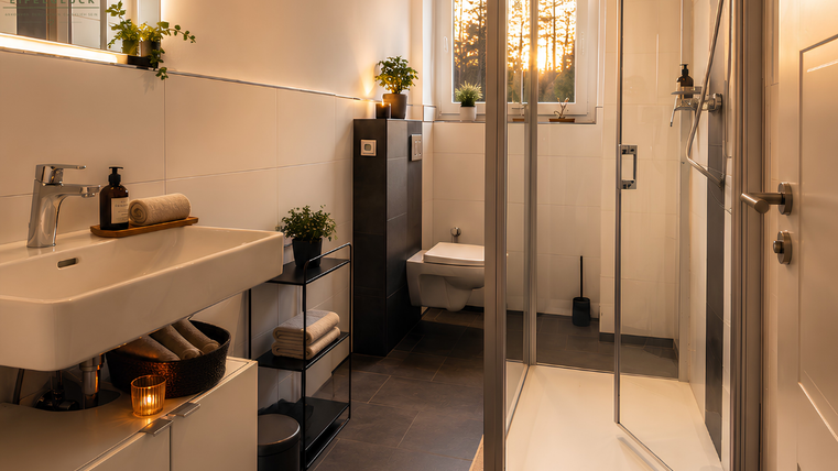 A modern bathroom with a shower cabin and a large sink. The windows offer a beautiful view of nature with a warm sunset.