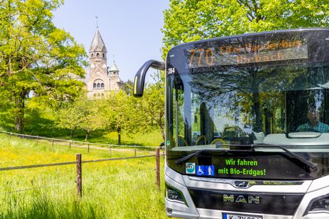 Rechts hält am Straßenrand ein Bus neben einer Wiese. Im Hintergrund schauen die Trumspitzen einer Kirche hinter Bäumen hervor.