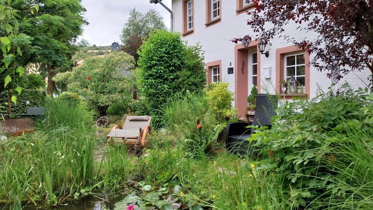 A tranquil garden with a pond, surrounded by lush greenery. In the background stands a charming house with windows and an inviting atmosphere.