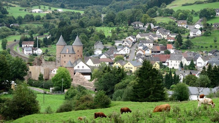 Eine malerische Landschaft mit sanften Hügeln und einem kleinen Dorf. Im Vordergrund grasen Kühe auf einer grünen Wiese, während im Hintergrund die Häuser und Türme des Dorfes sichtbar sind.