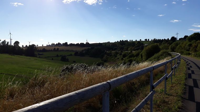 Eine ruhige Landschaft mit einem Weg und einem Geländer. Im Hintergrund sind grüne Felder und der helle Himmel zu sehen.