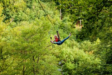 Eine Frau ist mit Gurten und Sicherungsgeschirr an eine Zipline geschnallt und fährt durch einen Wald.