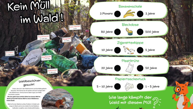 Informationsschild "Kein Müll im Wald!" mit Quizfunktion zum Thema Wie lange kämpft der Wald mit dem Müll?