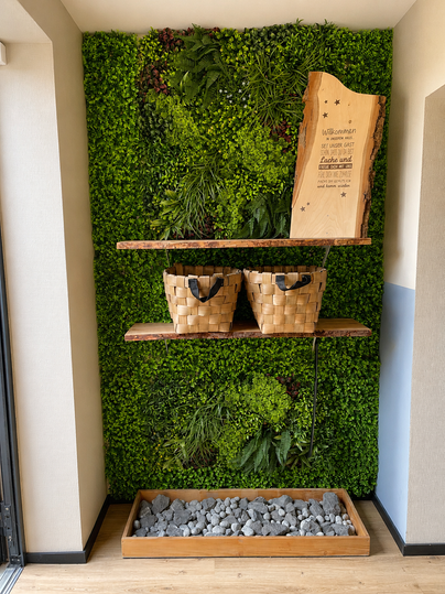 Une mur verte avec des plantes et deux étagères en bois. Sur les étagères, il y a des paniers tressés et une planche en bois avec une inscription.