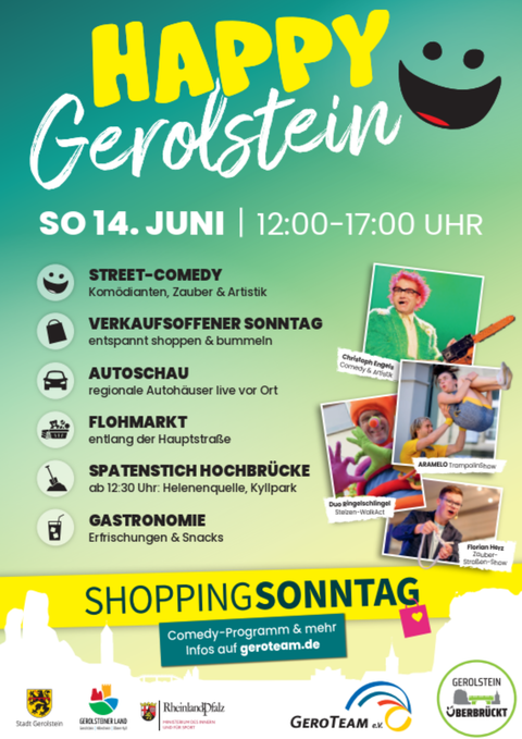 Ein Werbebanner für eine Veranstaltung in Gerolstein. Es zeigt Informationen zu einem Shopping Sonntag mit Datum, Uhrzeit und Programm