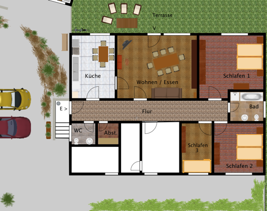 Ein Grundriss eines Hauses mit verschiedenen Räumen, einschließlich Küche, Wohnzimmer, Schlafzimmer und Badezimmer. Draussen sind zwei Autos und eine Terrasse mit Gartenmöbeln sichtbar.