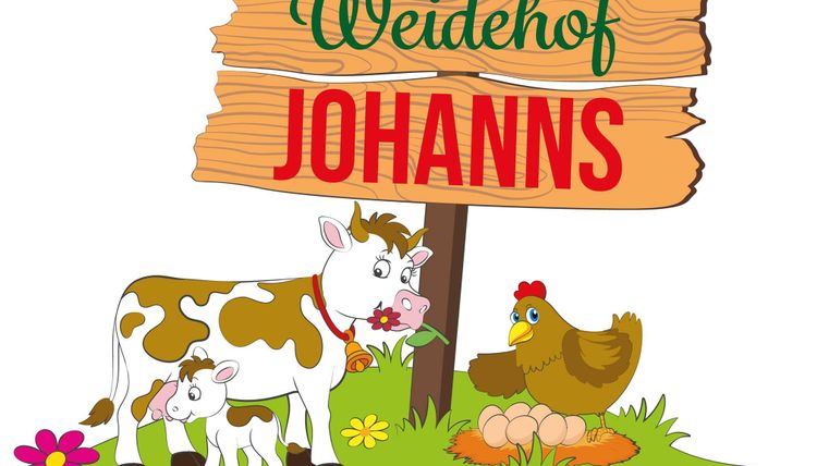 A sign reading 'Weidehof Johanns', surrounded by a cow, a calf, a chicken, and a chick in a meadow with flowers.