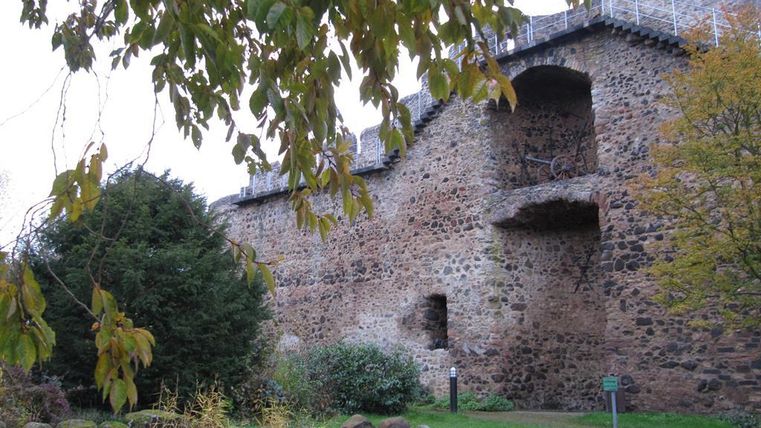 Eine alte Burgmauer aus Steinen, umgeben von Bäumen und Sträuchern. Im Vordergrund ist ein kleiner Teich mit Steinen zu sehen.