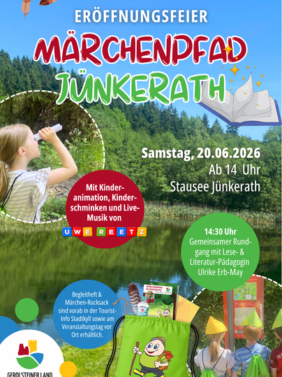 Flyer für die Eröffnungsfeier des Märchenpfades in Jünkerath am 20. Juni 2026 mit bunten Bildern von Kindern auf dem Wanderweg.