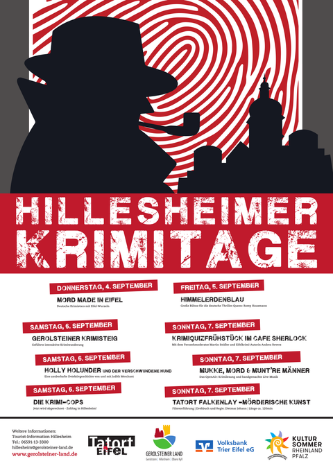 Veranstaltungsplakat der Hillesheimer Krimitage 2025 mit allen Terminen sowie Hinweise auf Sponsoren und Ticketverkauf