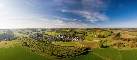 Landschaftsansicht von Alendorf und Kalvarienberg in der Eifel mit grünen Feldern und blauem Himmel.