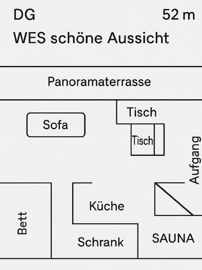 Un plan d'étage d'un appartement dans les combles. Les pièces comprennent une cuisine, une chambre, un salon avec un canapé et un accès à la terrasse panoramique ainsi qu'un sauna.