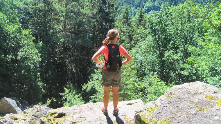Personne sur un rocher avec vue sur une vallée boisée.