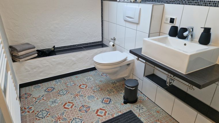 Ein modernes Badezimmer mit einem stilvollen Waschbecken und einer Toilette. Der Boden ist mit bunten Fliesen dekoriert.