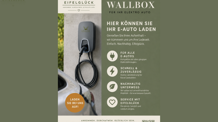 A wallbox for charging electric vehicles is depicted. The background contains information about the charging locations and the service offerings.